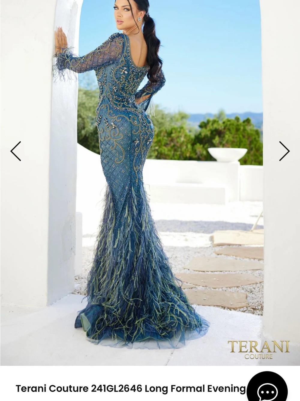 Terani Couture Teal Beaded Feathered Maxi Gown